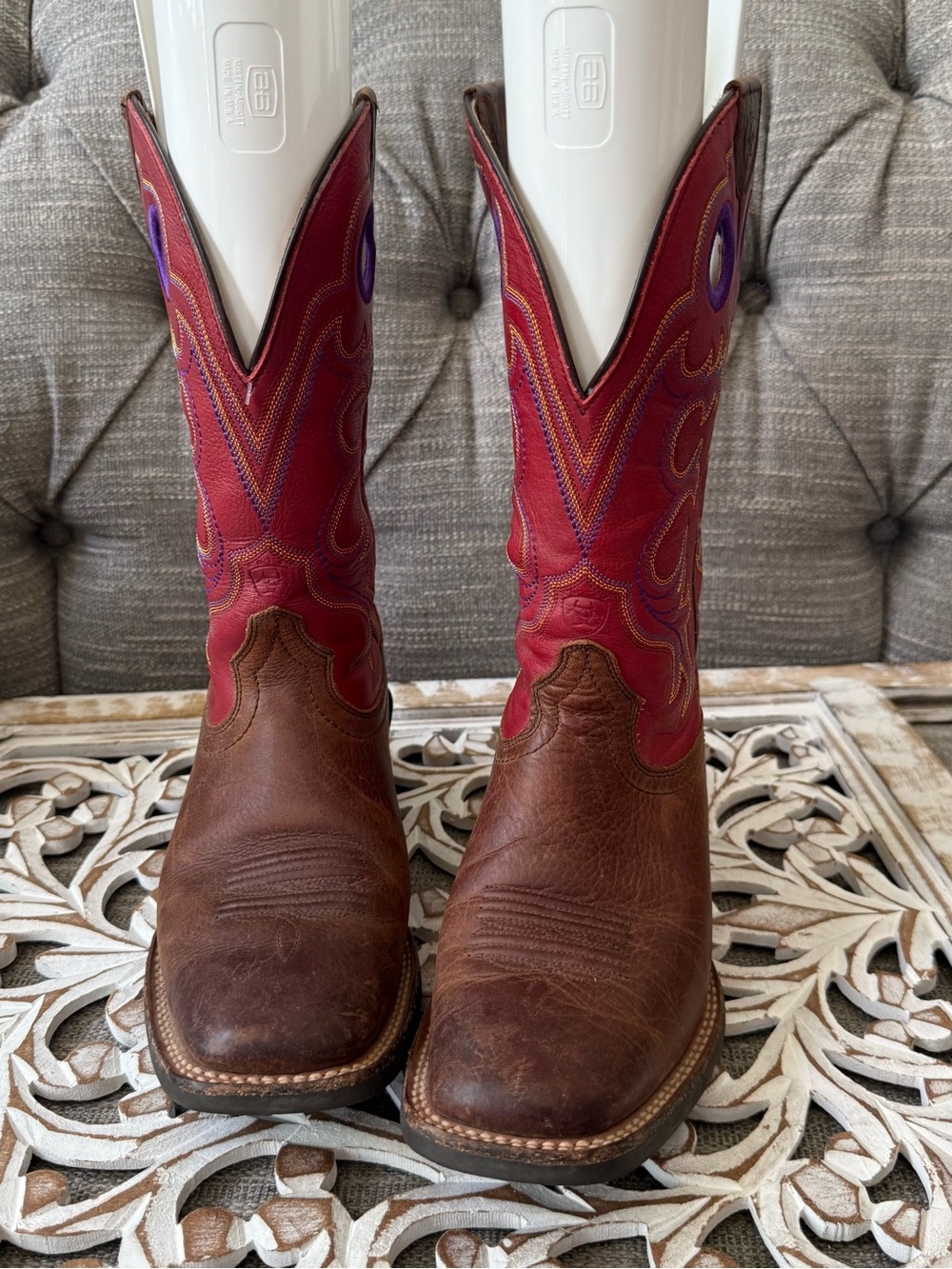 Ariat Brown & Red Leather Cowboy Boots Women’s 7 - Picture 3 of 8